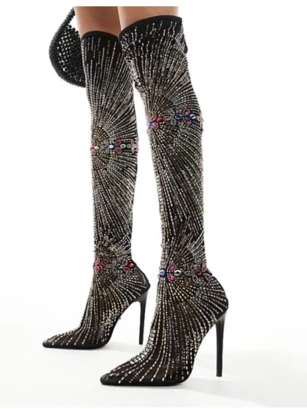 Embellished Black Over-the-Knee Stiletto Boots